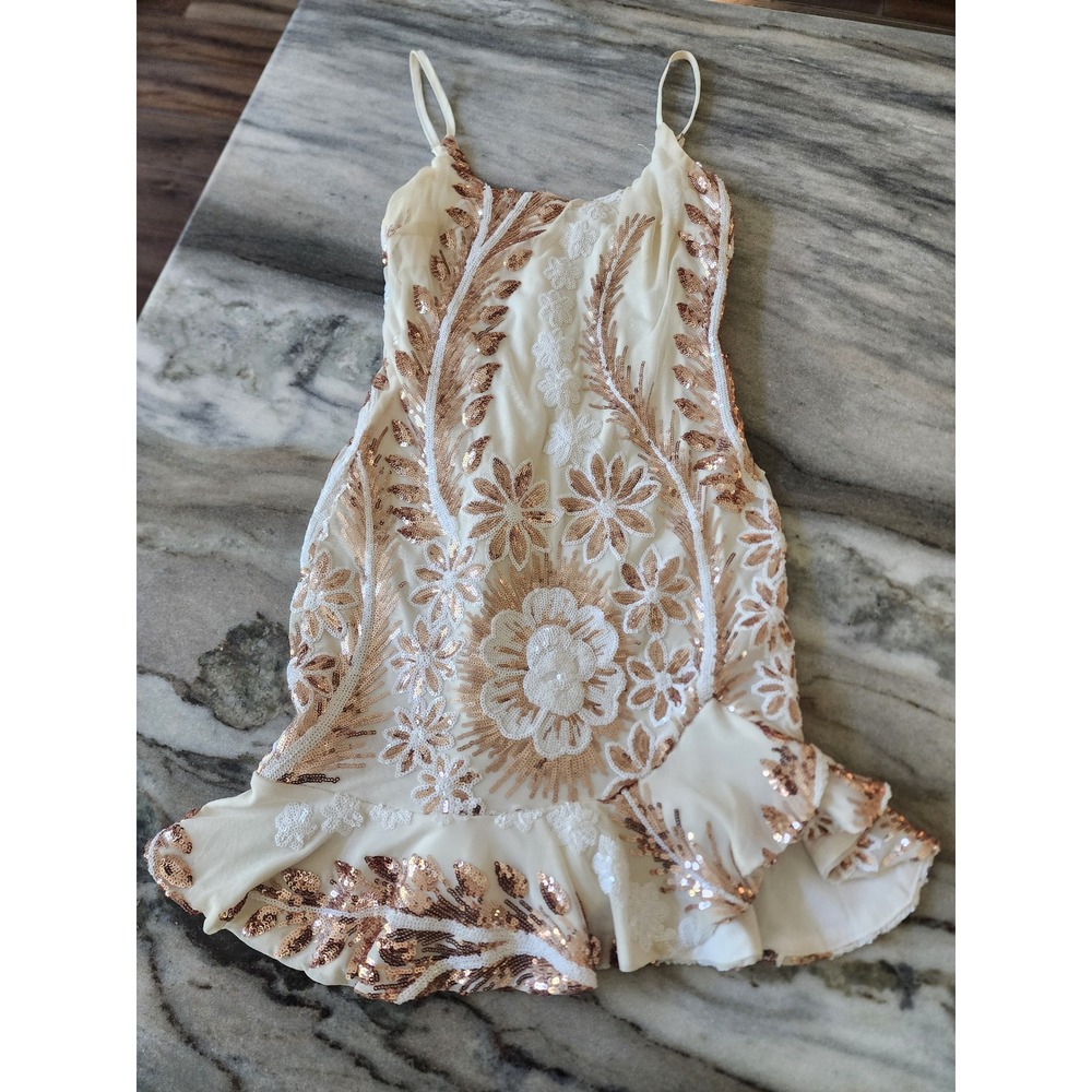 Angel Biba Cream Rose Gold Sequin Floral Mini Dress Small Party Cockail Formal